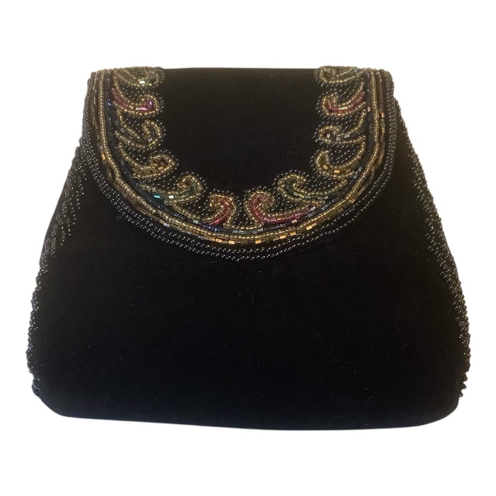 Regal Black Velvet Beaded Evening Clutch / Crossbody Purse
